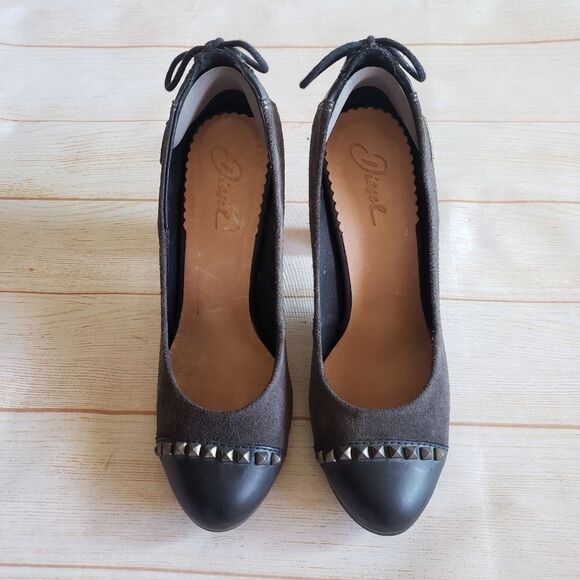Diesel Leather Suede Round Toe Studded Tassel Heel Pumps Shoes Brown Size 39 - Picture 4 of 16